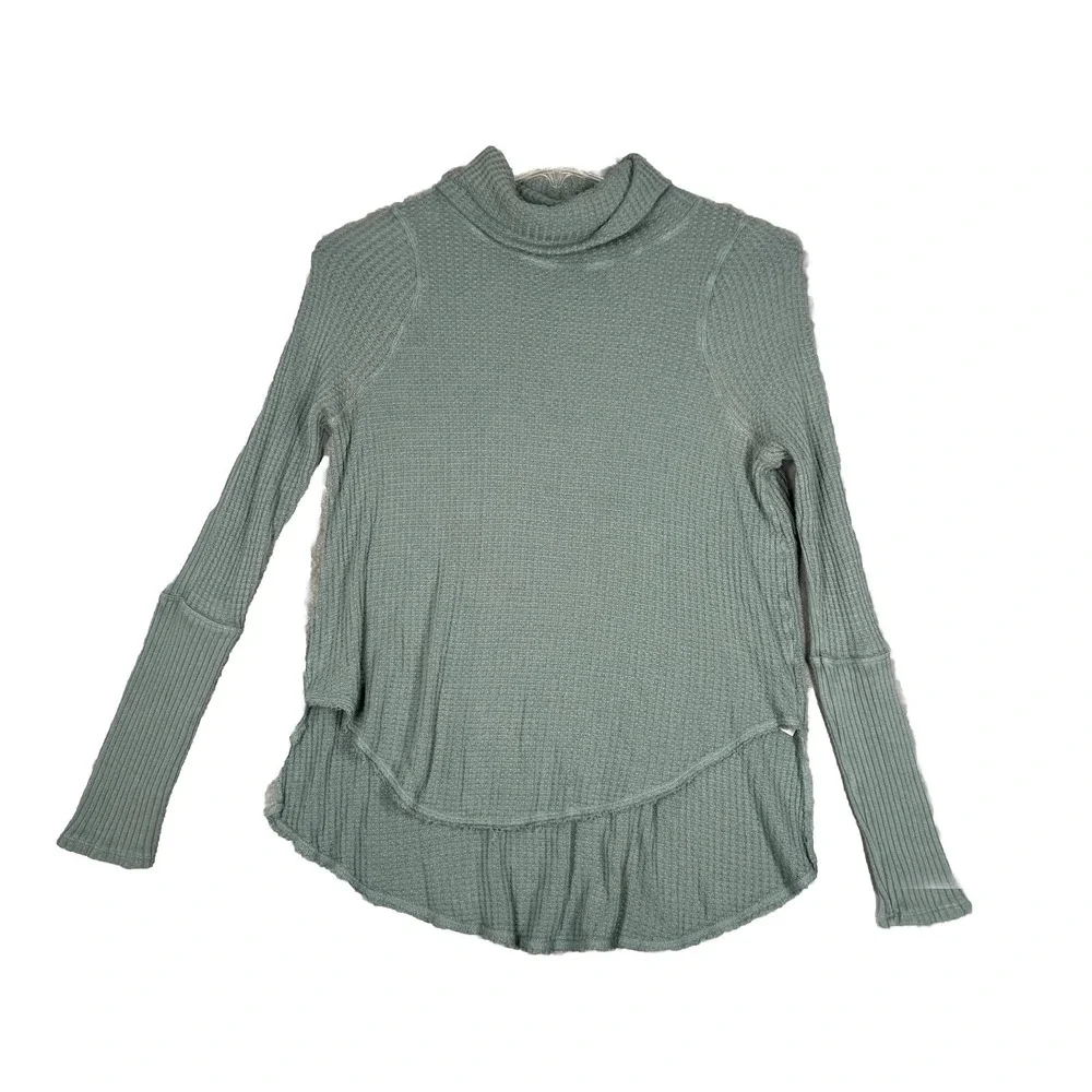 Free People We The Free S Small Sage Green‎ Waffle Knit High Low Tunic Mock Neck